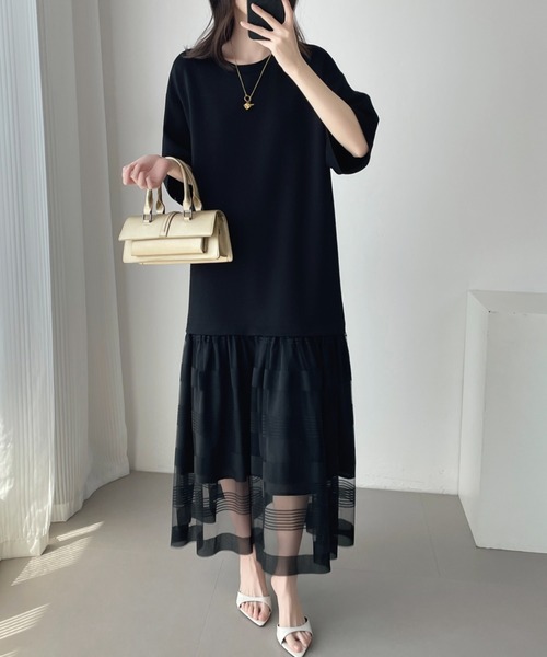 ABITOKYO(アビトーキョー)の「シアーボーダー切替ダンボールワンピース(ワンピース・レディース・ブラック/ベージュ・M/L/XL)」の2枚目の写真