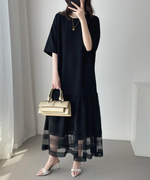 ABITOKYO(アビトーキョー)の「シアーボーダー切替ダンボールワンピース(ワンピース・レディース・ブラック/ベージュ・M/L/XL)」の3枚目の写真
