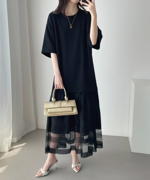 ABITOKYO(アビトーキョー)の「シアーボーダー切替ダンボールワンピース(ワンピース・レディース・ブラック/ベージュ・M/L/XL)」の4枚目の写真