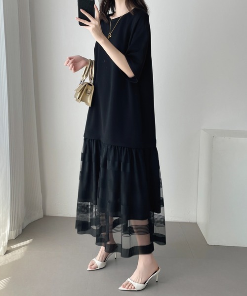 ABITOKYO(アビトーキョー)の「シアーボーダー切替ダンボールワンピース(ワンピース・レディース・ブラック/ベージュ・M/L/XL)」の5枚目の写真