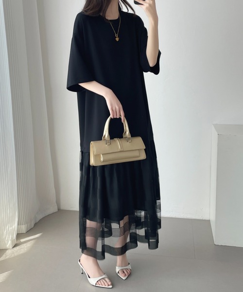 ABITOKYO(アビトーキョー)の「シアーボーダー切替ダンボールワンピース(ワンピース・レディース・ブラック/ベージュ・M/L/XL)」の7枚目の写真