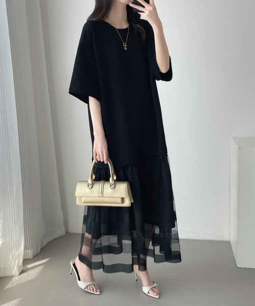 ABITOKYO(アビトーキョー)の「シアーボーダー切替ダンボールワンピース(ワンピース・レディース・ブラック/ベージュ・M/L/XL)」の8枚目の写真