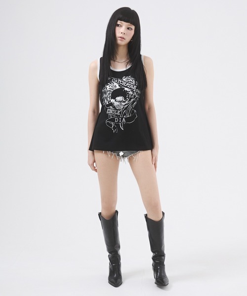 メタリックロゴ タンクトップ ブラック 袖なし Tシャツ nr9664 セール】メタリックスカルモチーフプリントタンクトップ（T
