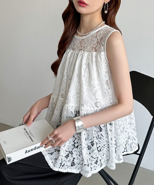 ダイアグラム 総レースブラウス ノースリーブ 花柄 フリル 36 S 白 dd303c0_1.jpg
