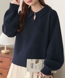 【ふわふわメレンゲニット】パールボタンボリュームスリーブポロニット