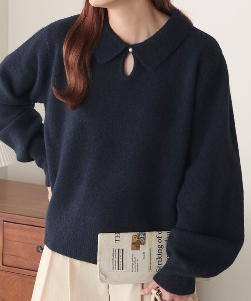 セール】【ふわふわメレンゲニット】パールボタンボリュームスリーブ