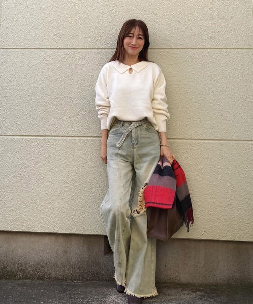 セール】【ふわふわメレンゲニット】パールボタンボリュームスリーブ