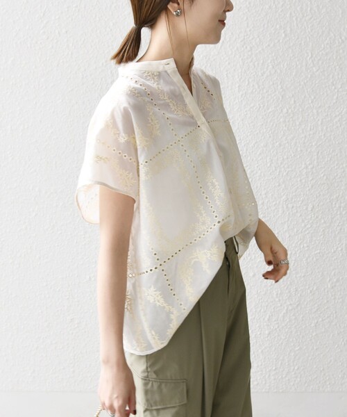 SHIPS any　エンブロイダリー レース シアー フレンチスリーブ シャツ SHIPS any:〈手洗い可能〉エンブロイダリー レース シアー フレンチ