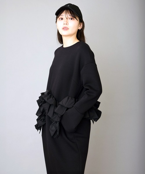 FLUMOR（フラマー）の「フリルデザインジャージードレス【入卒式】【オケージョン】【結婚式二次会・パーティー】（ワンピース・レディース・ブラック・38）」の6枚目の写真