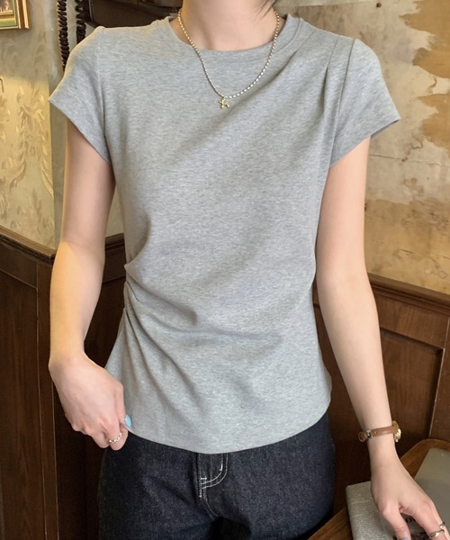 Lace Ladies(レースレディース)の「クルーネック 肩タック サイドギャザー フレンチスリーブ Tシャツ(Tシャツ/カットソー・レディース・アイボリー/ブラック/グレー・M/XL)」の12枚目の写真
