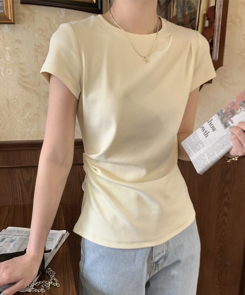 Lace Ladies(レースレディース)の「クルーネック 肩タック サイドギャザー フレンチスリーブ Tシャツ(Tシャツ/カットソー・レディース・アイボリー/ブラック/グレー・M/XL)」の7枚目の写真