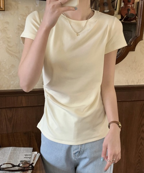 Lace Ladies(レースレディース)の「クルーネック 肩タック サイドギャザー フレンチスリーブ Tシャツ(Tシャツ/カットソー・レディース・アイボリー/ブラック/グレー・M/XL)」の9枚目の写真