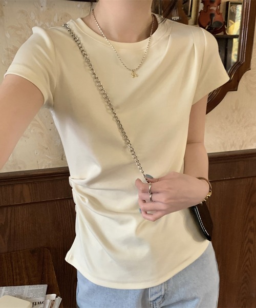 Lace Ladies(レースレディース)の「クルーネック 肩タック サイドギャザー フレンチスリーブ Tシャツ(Tシャツ/カットソー・レディース・アイボリー/ブラック/グレー・M/XL)」の11枚目の写真