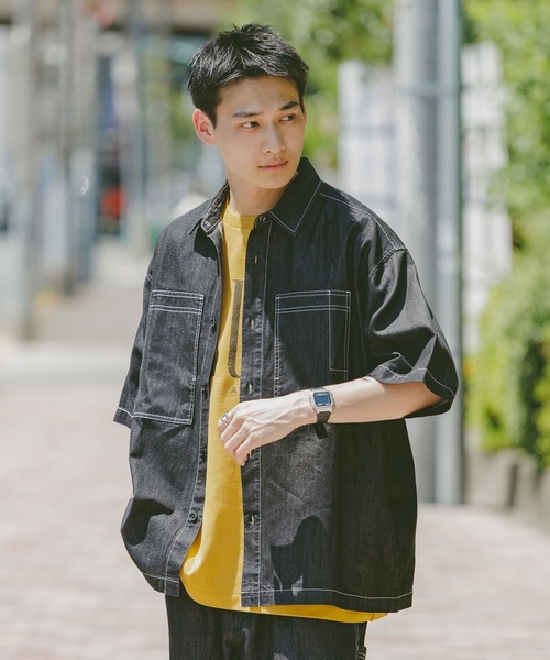 RAGEBLUE(レイジブルー)の「<接触冷感>【BREEZY DENIM/ブリージーデニム】ステッチデニムシャツ【セットアップ対応】(シャツ/ブラウス・メンズ・ブラック/ネイビー・LARGE/MEDIUM)」の3枚目の写真