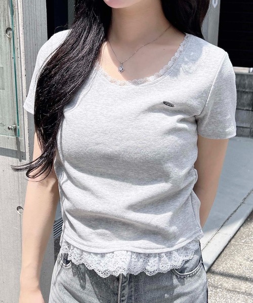 INGNI(イング)の「裾レース胸プレート付リブトップス(Tシャツ/カットソー・レディース・ブラック系その他4/ホワイト系その他/ブラック/オフホワイト/グレー・M)」の5枚目の写真