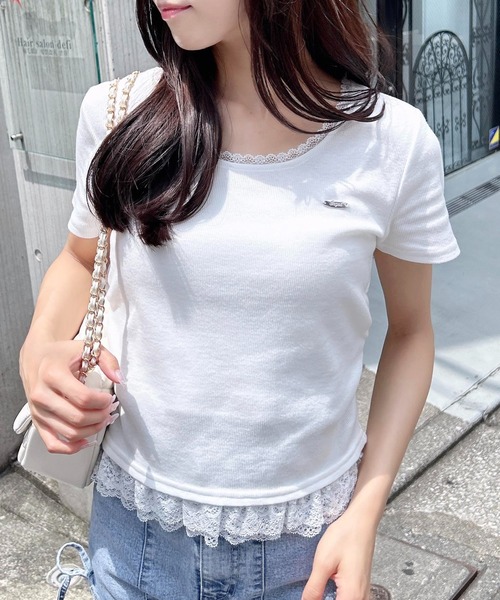 INGNI(イング)の「裾レース胸プレート付リブトップス(Tシャツ/カットソー・レディース・ブラック系その他4/ホワイト系その他/ブラック/オフホワイト/グレー・M)」の2枚目の写真