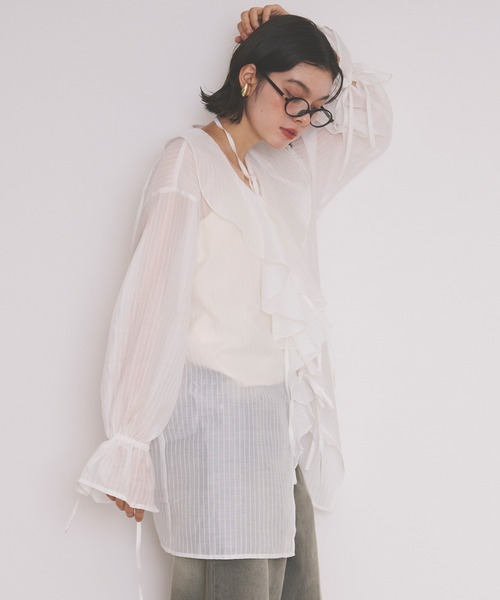 loin nuit（ロワンニュイ）の「choker ruffle sheer blouse / チョーカーラッフルシアーブラウス（シャツ/ブラウス・レディース・イエロー/ホワイト/ブラック/ピンク・FREE）」の7枚目の写真