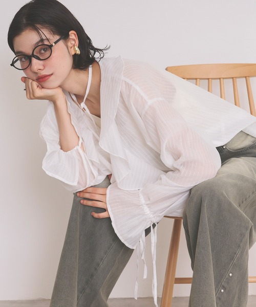 loin nuit（ロワンニュイ）の「choker ruffle sheer blouse / チョーカーラッフルシアーブラウス（シャツ/ブラウス・レディース・イエロー/ホワイト/ブラック/ピンク・FREE）」の19枚目の写真