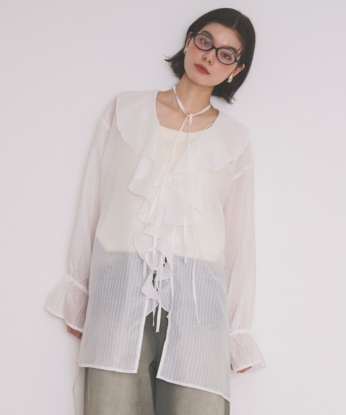 loin nuit（ロワンニュイ）の「choker ruffle sheer blouse / チョーカーラッフルシアーブラウス（シャツ/ブラウス・レディース・イエロー/ホワイト/ブラック/ピンク・FREE）」の8枚目の写真