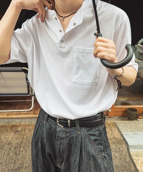 [NOWLE] Snap button Henley neck half‑sleeve T‑shirt