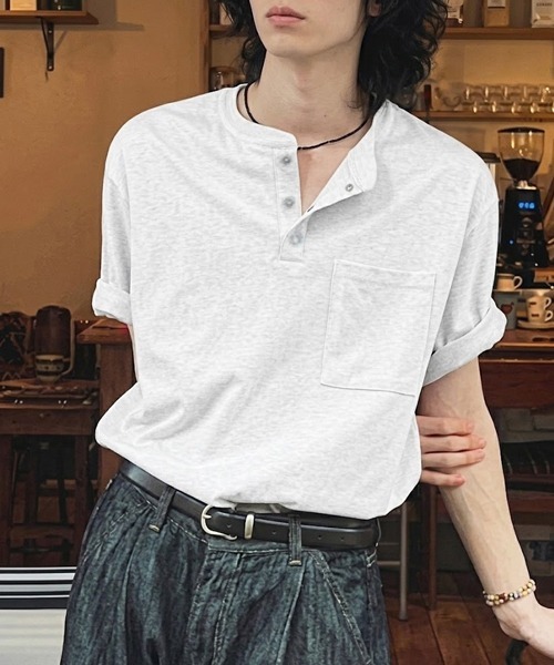 NOWLE（ノウル）の「【NOWLE】スナップボタン ヘンリーネック 半袖 Tシャツ（Tシャツ/カットソー・メンズ・ホワイト/ダークグレー/ブラック/アッシュ・MEDIUM/LARGE/X-LARGE）」の4枚目の写真