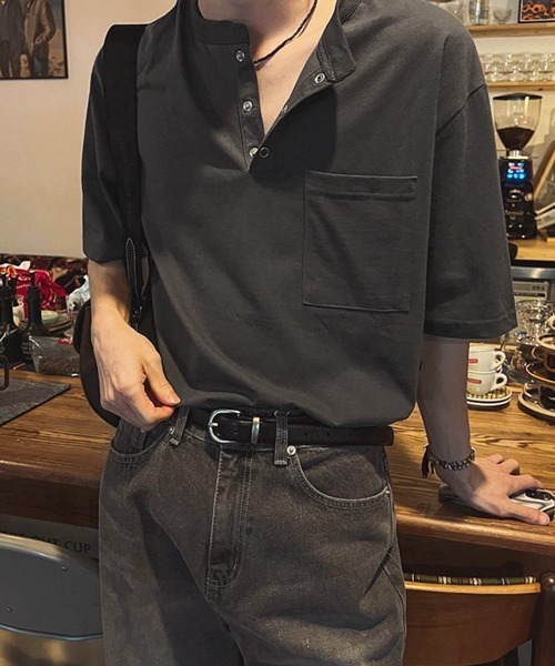 NOWLE（ノウル）の「【NOWLE】スナップボタン ヘンリーネック 半袖 Tシャツ（Tシャツ/カットソー・メンズ・ホワイト/ダークグレー/ブラック/アッシュ・MEDIUM/LARGE/X-LARGE）」の3枚目の写真