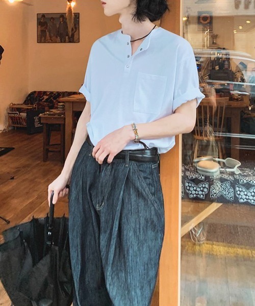 NOWLE（ノウル）の「【NOWLE】スナップボタン ヘンリーネック 半袖 Tシャツ（Tシャツ/カットソー・メンズ・ホワイト/ダークグレー/ブラック/アッシュ・MEDIUM/LARGE/X-LARGE）」の8枚目の写真