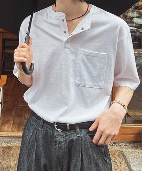 NOWLE（ノウル）の「【NOWLE】スナップボタン ヘンリーネック 半袖 Tシャツ（Tシャツ/カットソー・メンズ・ホワイト/ダークグレー/ブラック/アッシュ・MEDIUM/LARGE/X-LARGE）」の5枚目の写真