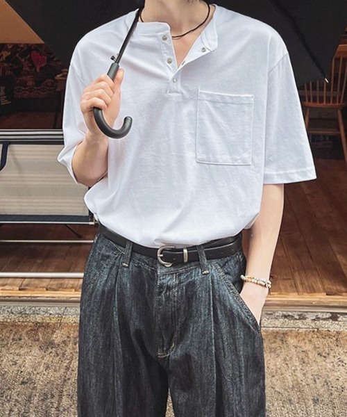 NOWLE（ノウル）の「【NOWLE】スナップボタン ヘンリーネック 半袖 Tシャツ（Tシャツ/カットソー・メンズ・ホワイト/ダークグレー/ブラック/アッシュ・MEDIUM/LARGE/X-LARGE）」の6枚目の写真