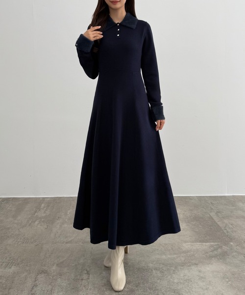 シャギーカラーフレアニットワンピース（ワンピース）｜CENEA（セネア