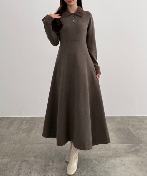 セール】シャギーカラーフレアニットワンピース（ワンピース）｜CENEA