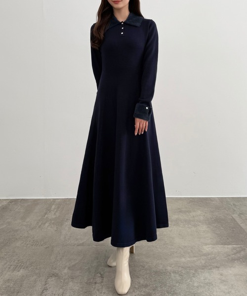 美品✨EPOCA エターナルジャガードニットワンピース　フレア　ネイビー　38 美品✨EPOCA エターナルジャガードニットワンピース フレア ネイビー 38