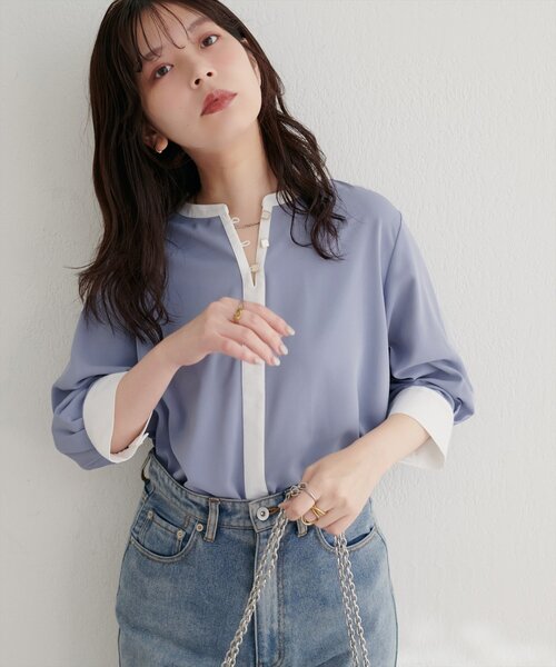 セール】【WEB限定】スクエア釦配色7分袖ブラウス（シャツ/ブラウス