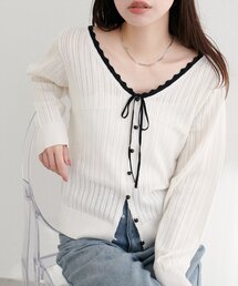 配色リボン透かし編みカーディガン