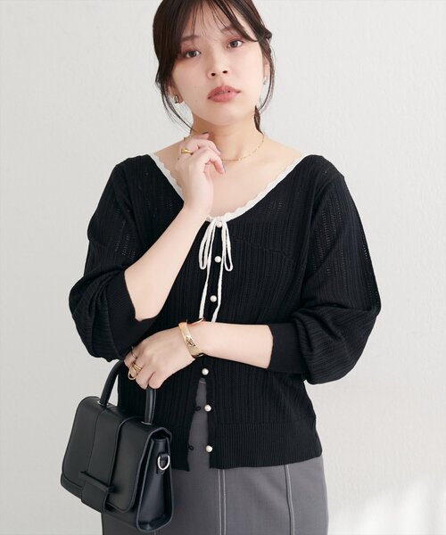 natural couture（ナチュラルクチュール）の「配色リボン透かし編みカーディガン（カーディガン/ボレロ・レディース・ブラック/ブラウン/オフホワイト・FREE）」の3枚目の写真