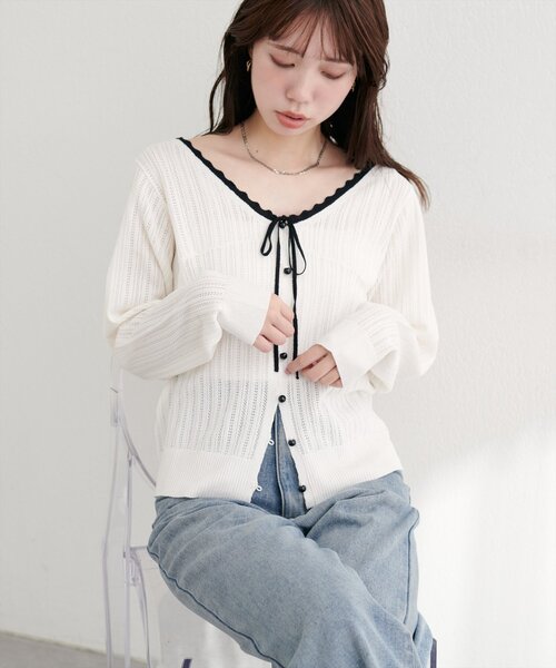 natural couture（ナチュラルクチュール）の「配色リボン透かし編みカーディガン（カーディガン/ボレロ・レディース・ブラック/ブラウン/オフホワイト・FREE）」の12枚目の写真