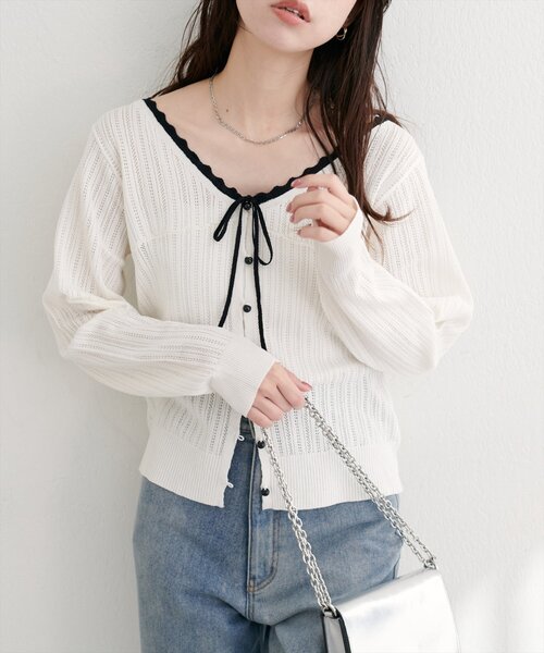 natural couture（ナチュラルクチュール）の「配色リボン透かし編みカーディガン（カーディガン/ボレロ・レディース・ブラック/ブラウン/オフホワイト・FREE）」の5枚目の写真