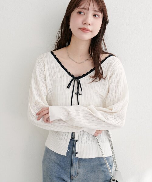 natural couture（ナチュラルクチュール）の「配色リボン透かし編みカーディガン（カーディガン/ボレロ・レディース・ブラック/ブラウン/オフホワイト・FREE）」の6枚目の写真