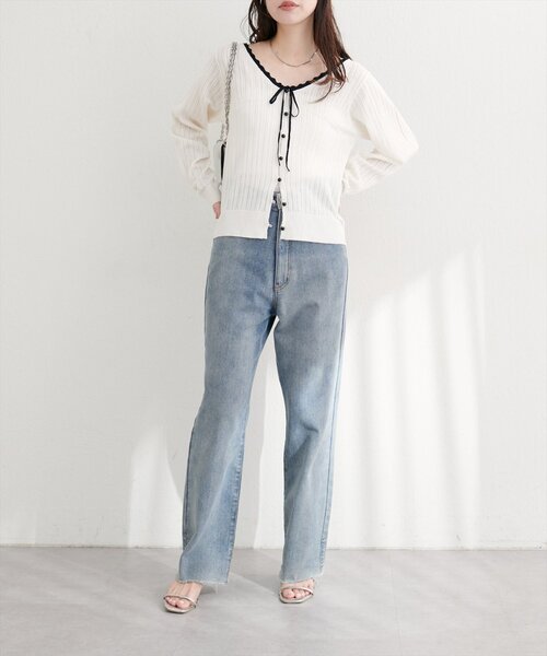 natural couture（ナチュラルクチュール）の「配色リボン透かし編みカーディガン（カーディガン/ボレロ・レディース・ブラック/ブラウン/オフホワイト・FREE）」の7枚目の写真