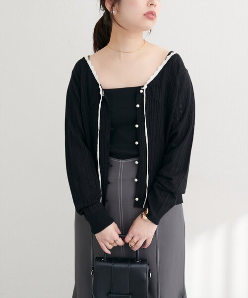 natural couture（ナチュラルクチュール）の「配色リボン透かし編みカーディガン（カーディガン/ボレロ・レディース・ブラック/ブラウン/オフホワイト・FREE）」の9枚目の写真