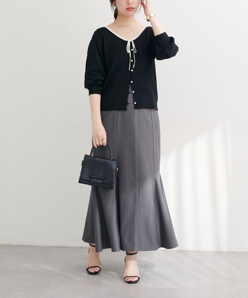 natural couture（ナチュラルクチュール）の「配色リボン透かし編みカーディガン（カーディガン/ボレロ・レディース・ブラック/ブラウン/オフホワイト・FREE）」の13枚目の写真