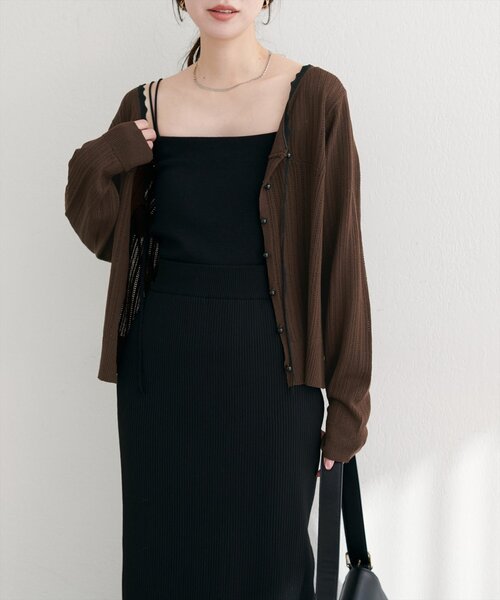 natural couture（ナチュラルクチュール）の「配色リボン透かし編みカーディガン（カーディガン/ボレロ・レディース・ブラック/ブラウン/オフホワイト・FREE）」の14枚目の写真