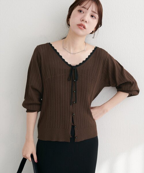 natural couture（ナチュラルクチュール）の「配色リボン透かし編みカーディガン（カーディガン/ボレロ・レディース・ブラック/ブラウン/オフホワイト・FREE）」の17枚目の写真