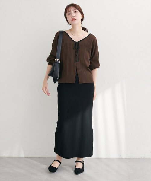 natural couture（ナチュラルクチュール）の「配色リボン透かし編みカーディガン（カーディガン/ボレロ・レディース・ブラック/ブラウン/オフホワイト・FREE）」の18枚目の写真