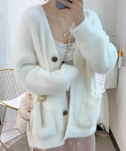 セール】Vネックシャギーニットカーディガン【軽量】 オフィス