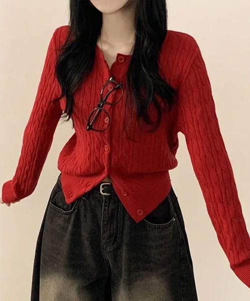 VIVID LADY（ビビッドレディー）の「ケーブル編み ニットカーディガン（カーディガン/ボレロ・レディース・レッド/グリーン/ネイビー/クリーム/グレー・FREE）」の5枚目の写真