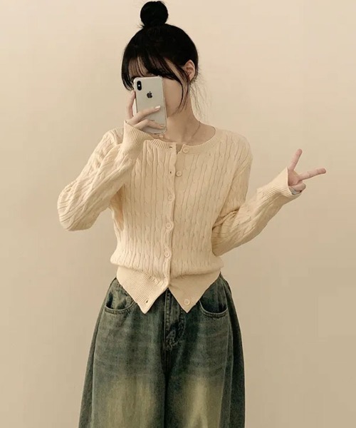 VIVID LADY（ビビッドレディー）の「ケーブル編み ニットカーディガン（カーディガン/ボレロ・レディース・レッド/グリーン/ネイビー/クリーム/グレー・FREE）」の7枚目の写真