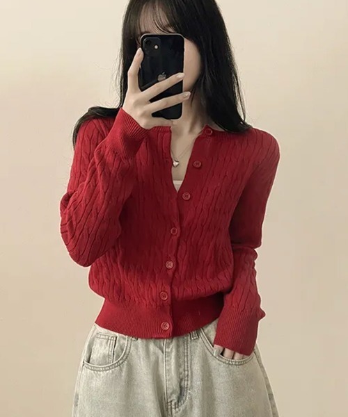 VIVID LADY（ビビッドレディー）の「ケーブル編み ニットカーディガン（カーディガン/ボレロ・レディース・レッド/グリーン/ネイビー/クリーム/グレー・FREE）」の9枚目の写真