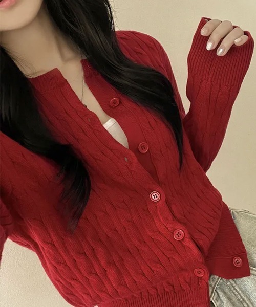 VIVID LADY（ビビッドレディー）の「ケーブル編み ニットカーディガン（カーディガン/ボレロ・レディース・レッド/グリーン/ネイビー/クリーム/グレー・FREE）」の11枚目の写真