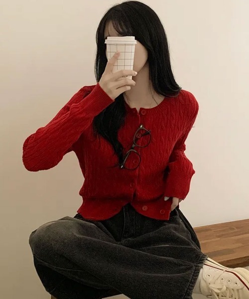 VIVID LADY（ビビッドレディー）の「ケーブル編み ニットカーディガン（カーディガン/ボレロ・レディース・レッド/グリーン/ネイビー/クリーム/グレー・FREE）」の22枚目の写真